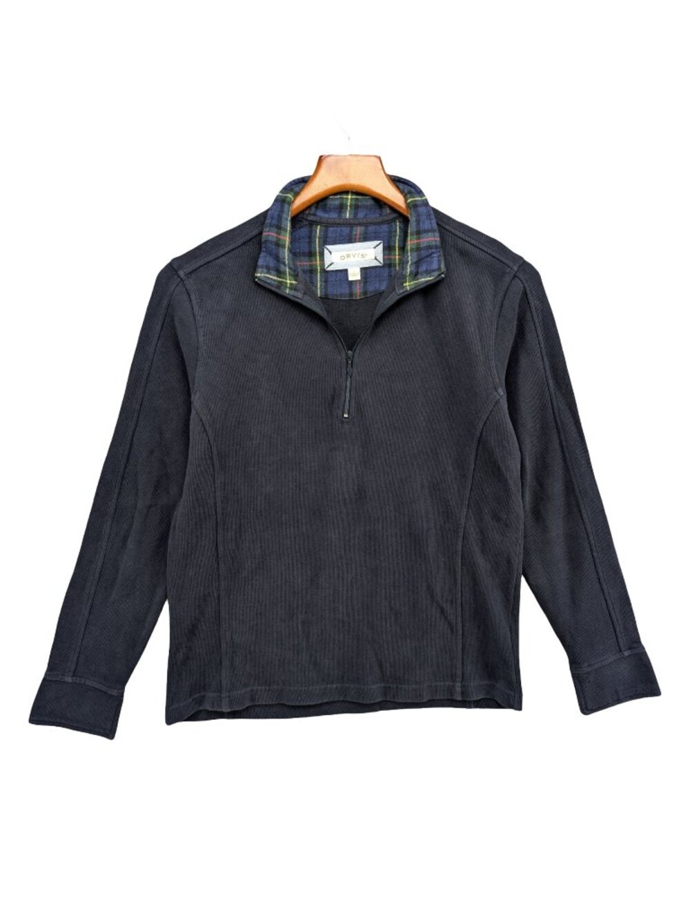Orvis Tartan Trim 1/4 Zip Sweater Womens Navy Blue Long Sleeve Pullover Size S